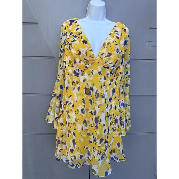 Mac Duggal yellow floral bell sleeves chiffon Mini dress party wedding Sz 10 - Picture 4 of 16